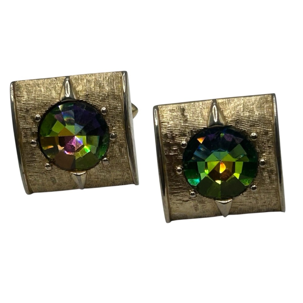 Vintage Swank Cuff Links Green Rivoli Glass Stone